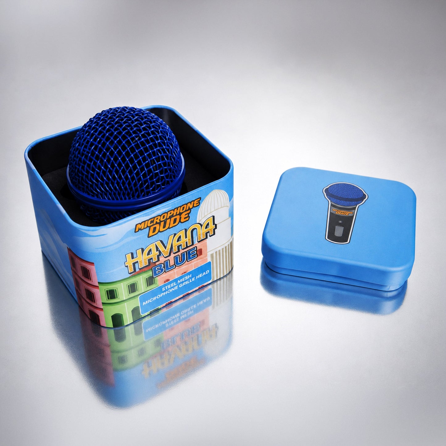 Havana Blue replacement grille fitted to a Shure SM58 microphone