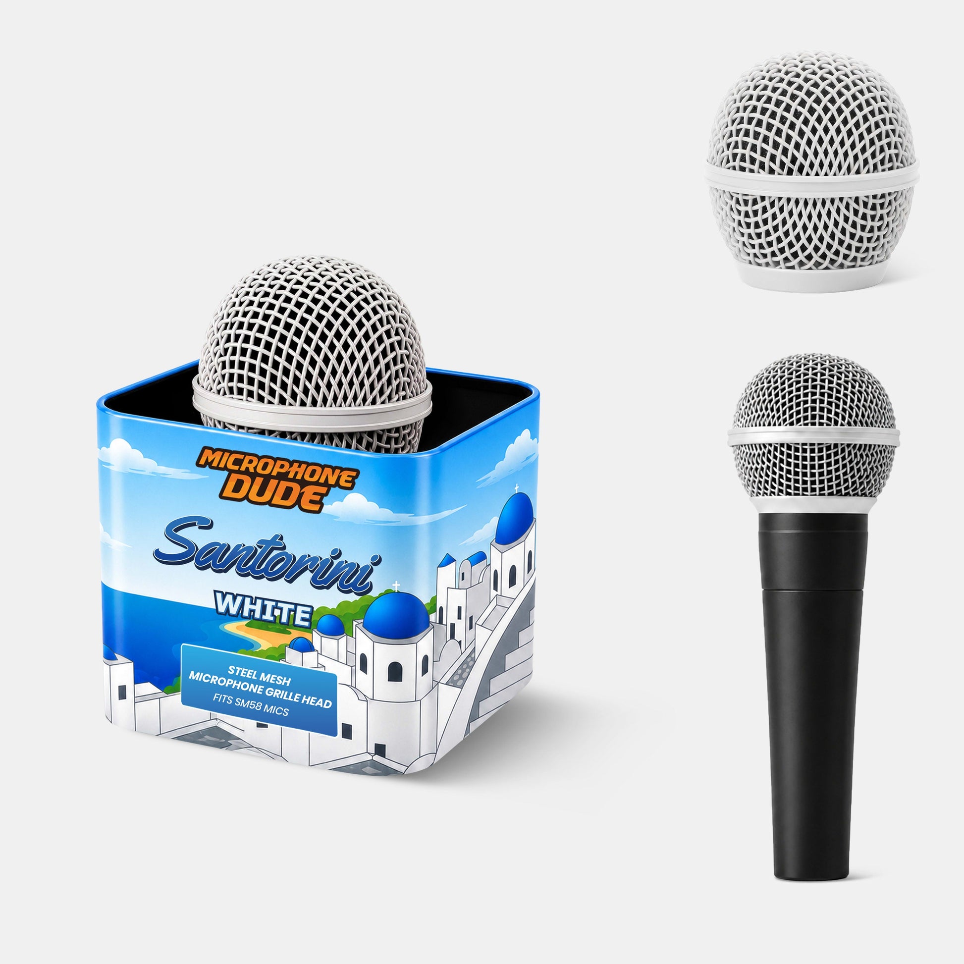 Santorini White replacement microphone grille compatible with Shure SM58 by Microphone Dude