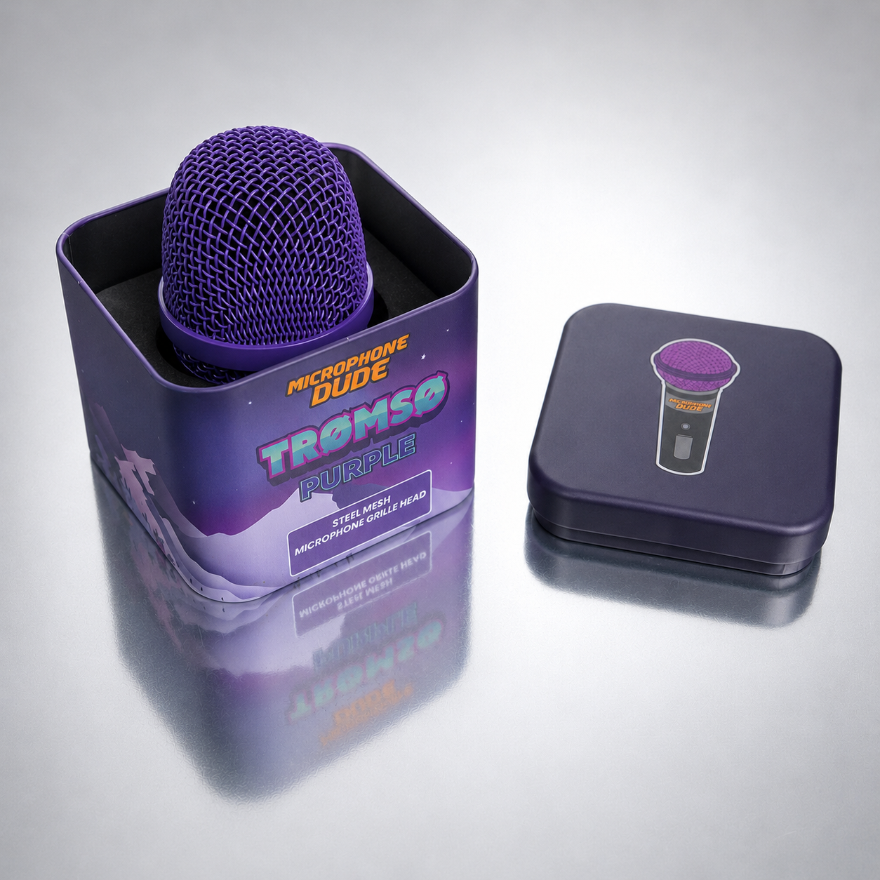 Tromso Purple replacement grille fitted to a Sennheiser e945 microphone